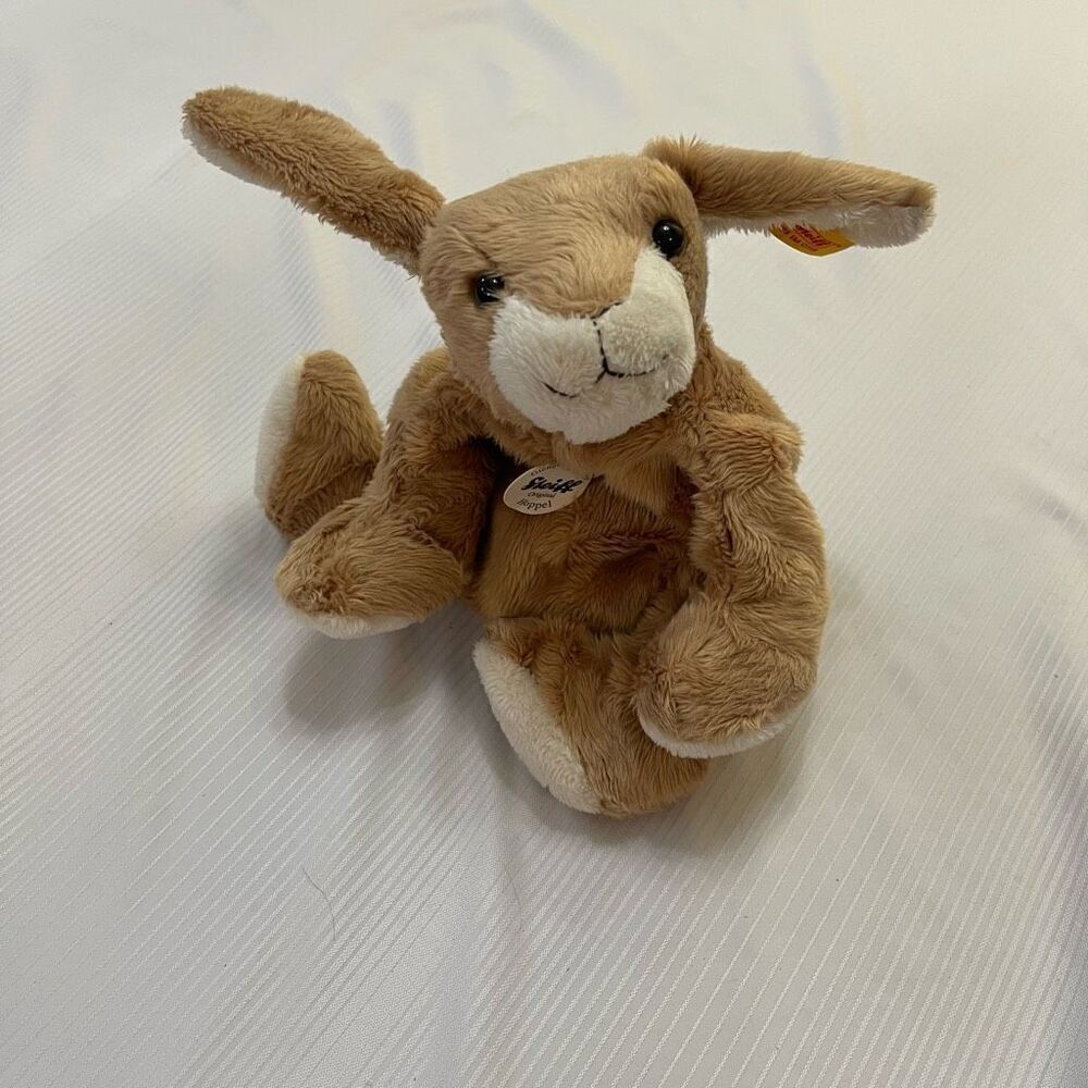 STEIFF Hase Hoppel Bunny Rabbit Plush Beanie Floppy Small Tan Ivory 10" w Ears